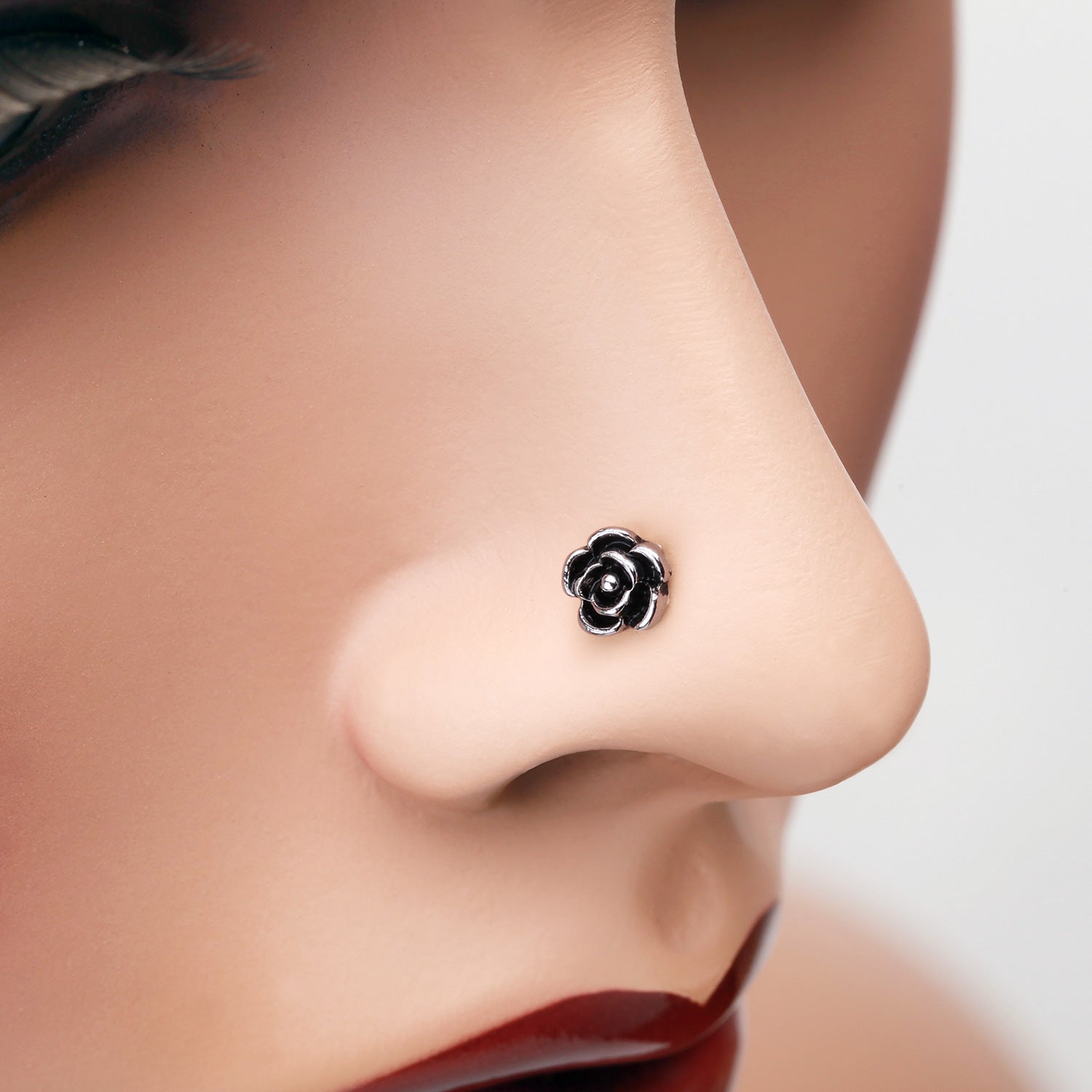 Detail View 1 of Vintage Rose Icon L-Shaped Nose Ring-Steel