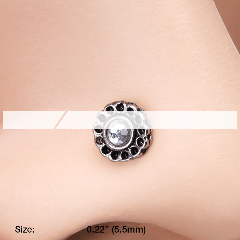 Detail View 2 of Freya Flower Filigree Sparkle Icon L-Shaped Nose Ring-Clear Gem