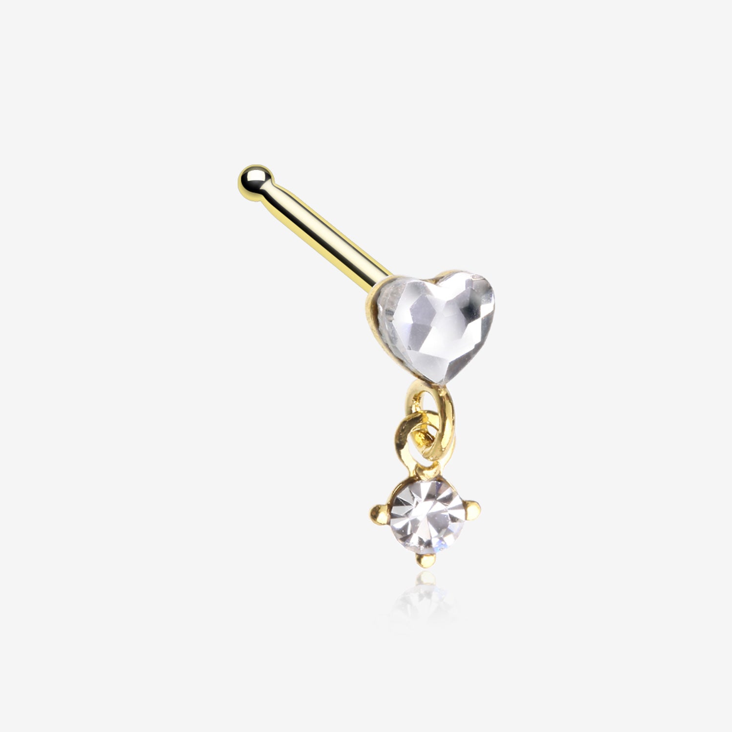 Golden Heart Sparkle Prong Dangle Nose Stud Ring-Clear Gem
