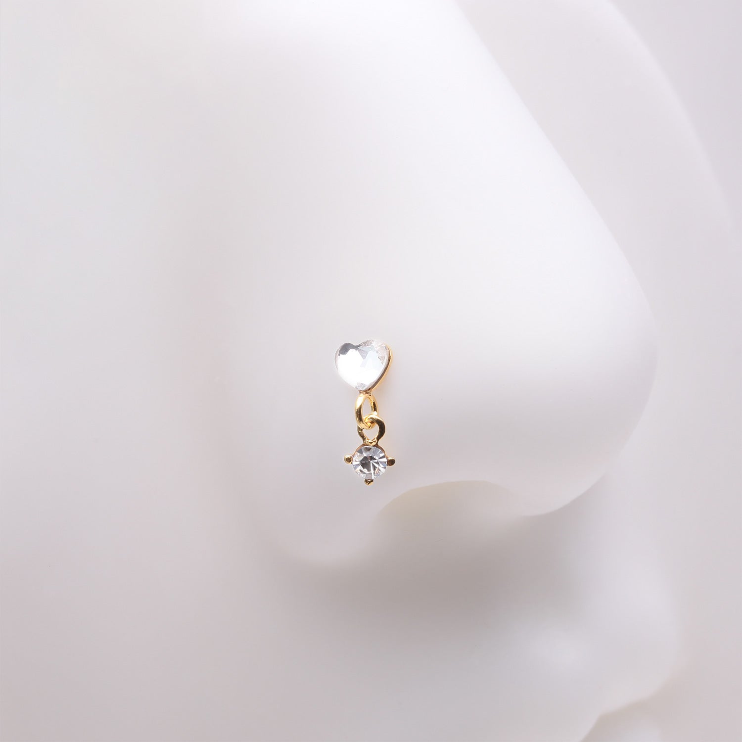 Detail View 1 of Golden Heart Sparkle Prong Dangle Nose Stud Ring-Clear Gem