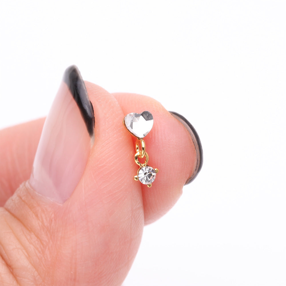 Detail View 2 of Golden Heart Sparkle Prong Dangle Nose Stud Ring-Clear Gem