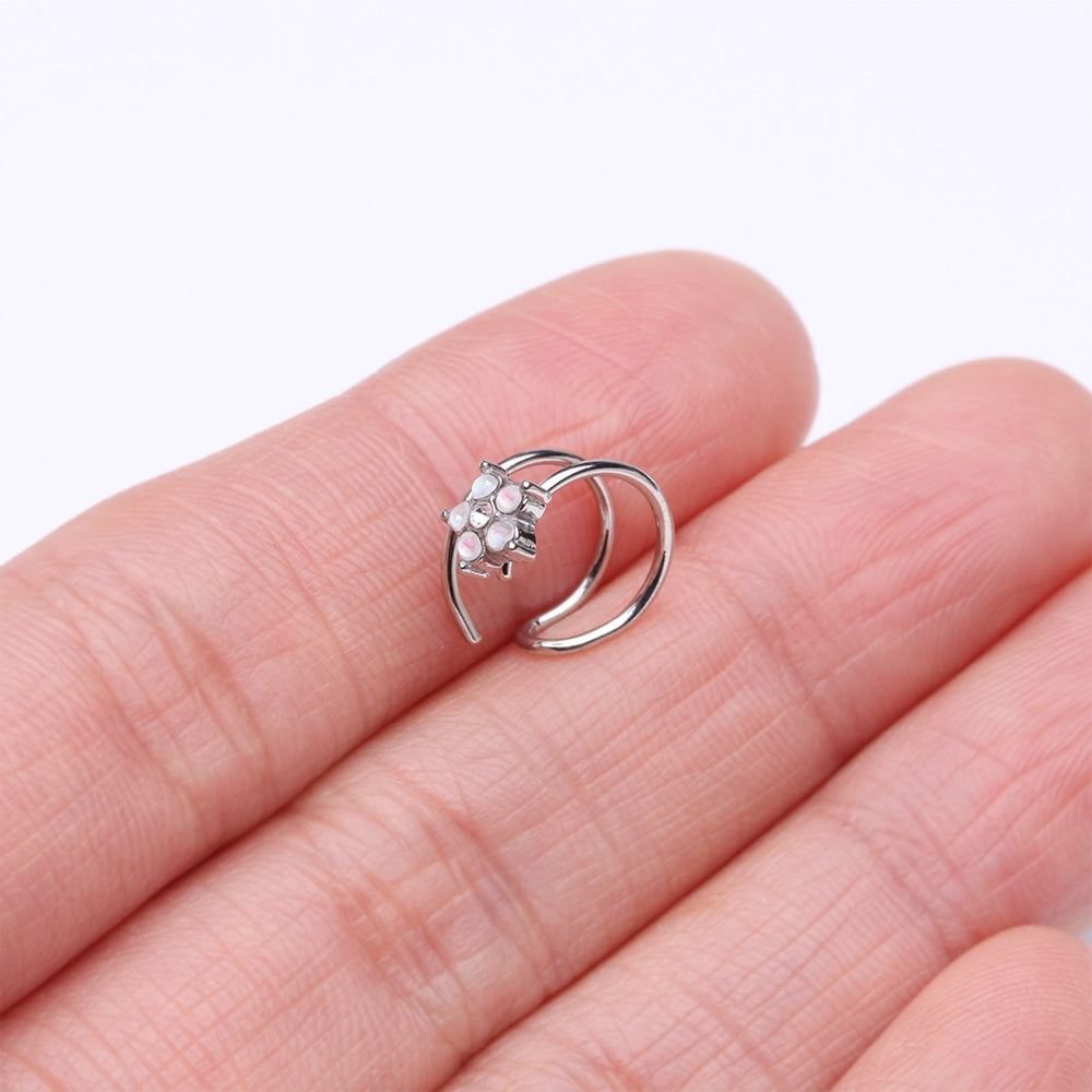 Detail View 2 of Opalescent Opal Sparkle Flower Double Hoop Non-Piercing Nose Cuff-Clear Gem/White