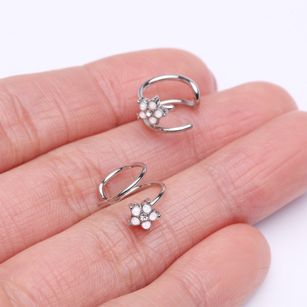 Detail View 3 of Opalescent Opal Sparkle Flower Double Hoop Non-Piercing Nose Cuff-Clear Gem/White