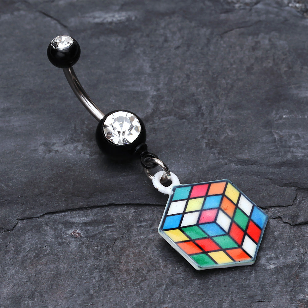Detail View 2 of Retro Rubix Cube Belly Button Ring-Black