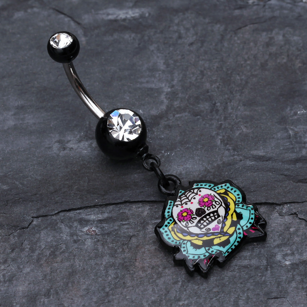 Detail View 2 of Sugar Skull Rose Belly Button Ring-Black