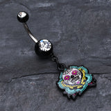 Detail View 2 of Sugar Skull Rose Belly Button Ring-Black