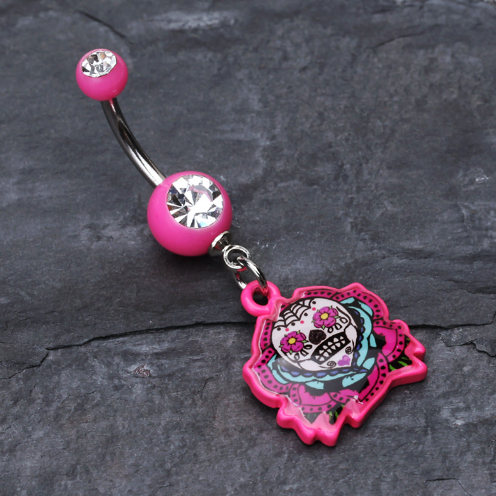 Detail View 2 of Sugar Skull Rose Belly Button Ring-Pink