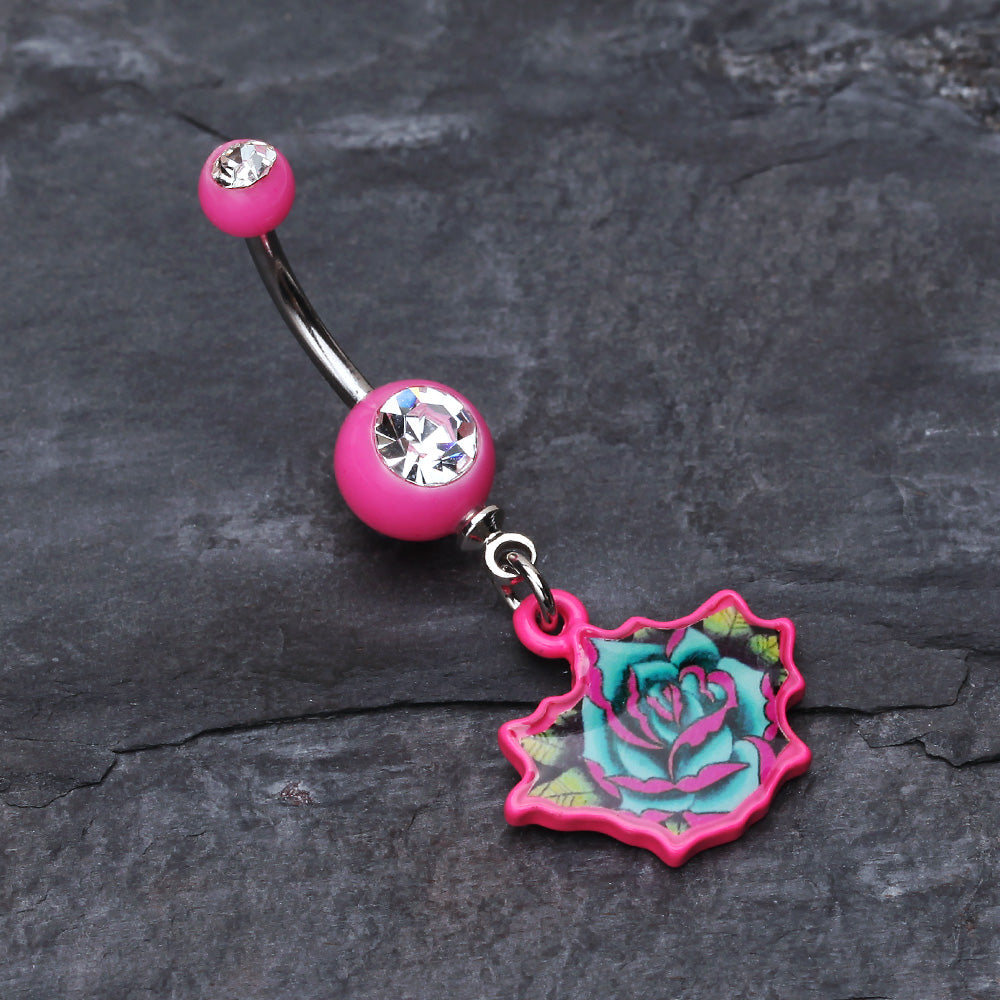 Detail View 2 of Retro Tattooed Rose Belly Button Ring-Pink