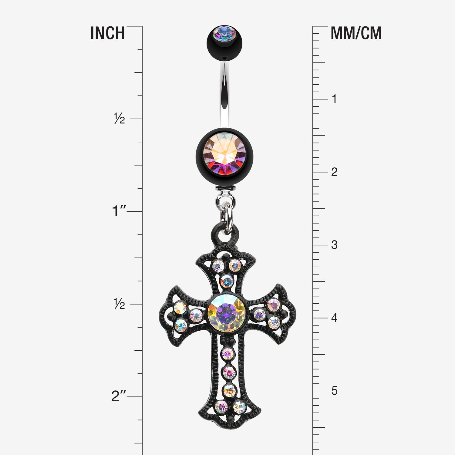 Detail View 1 of Blackline Opulent Cross Belly Button Ring-Aurora Borealis