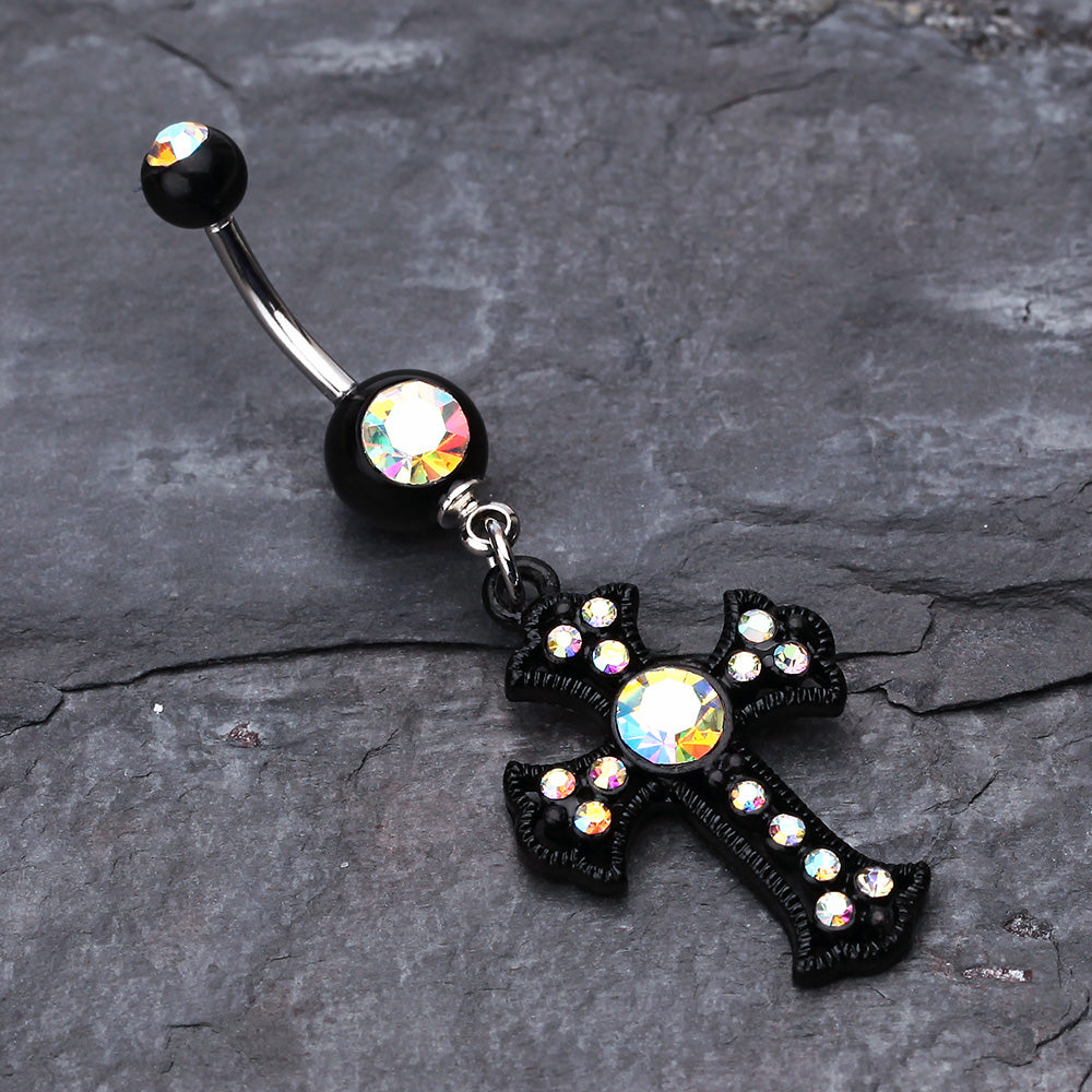 Detail View 2 of Blackline Opulent Cross Belly Button Ring-Aurora Borealis