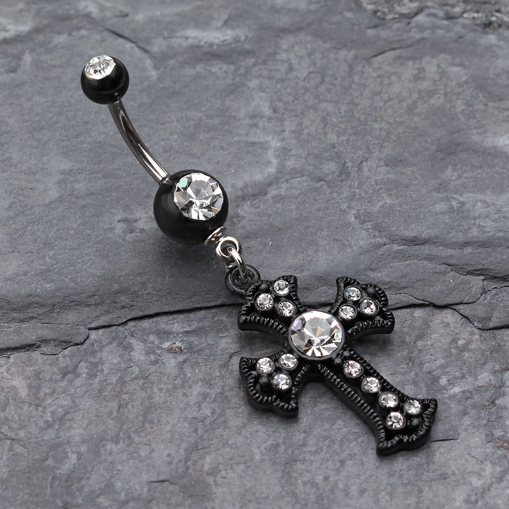 Detail View 2 of Blackline Opulent Cross Belly Button Ring-Clear Gem