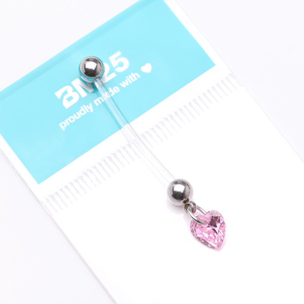 Detail View 4 of Sparkle Heart Gem Dangle Bio-Flex Pregnancy Belly Button Ring-Pink