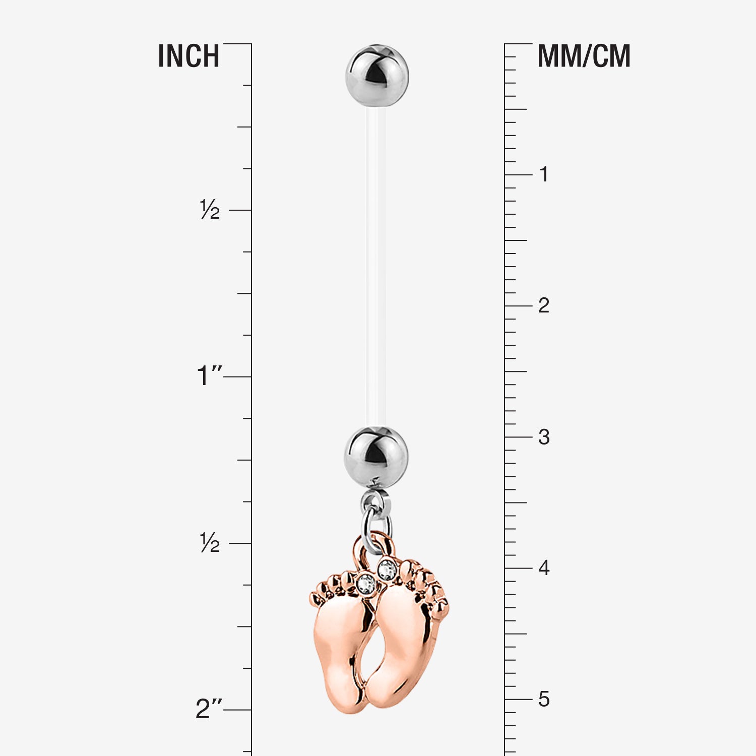 Detail View 1 of Rose Gold Baby Feet Sparkle Dangle Bio-Flex Pregnancy Belly Button Ring-Clear Gem