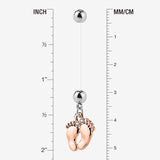 Detail View 1 of Rose Gold Baby Feet Sparkle Dangle Bio-Flex Pregnancy Belly Button Ring-Clear Gem