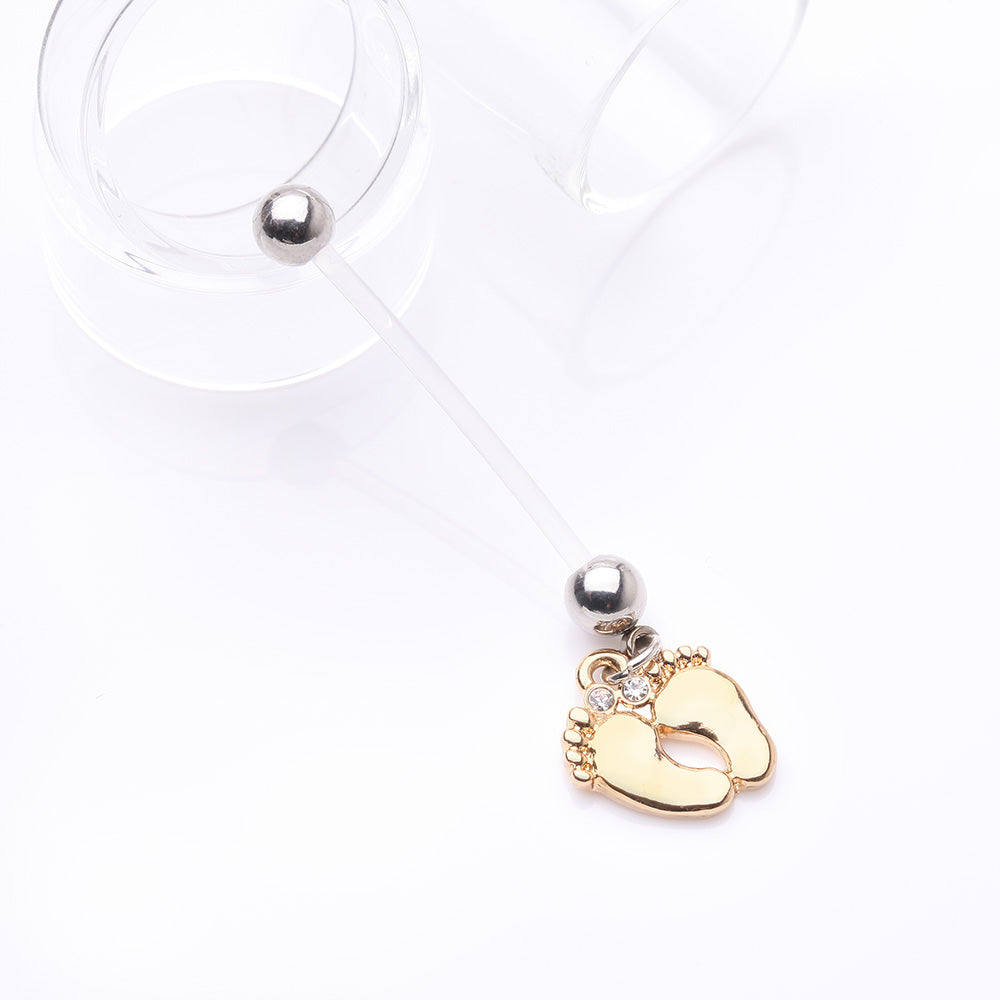 Detail View 2 of Golden Baby Feet Sparkle Dangle Bio-Flex Pregnancy Belly Button Ring-Clear Gem