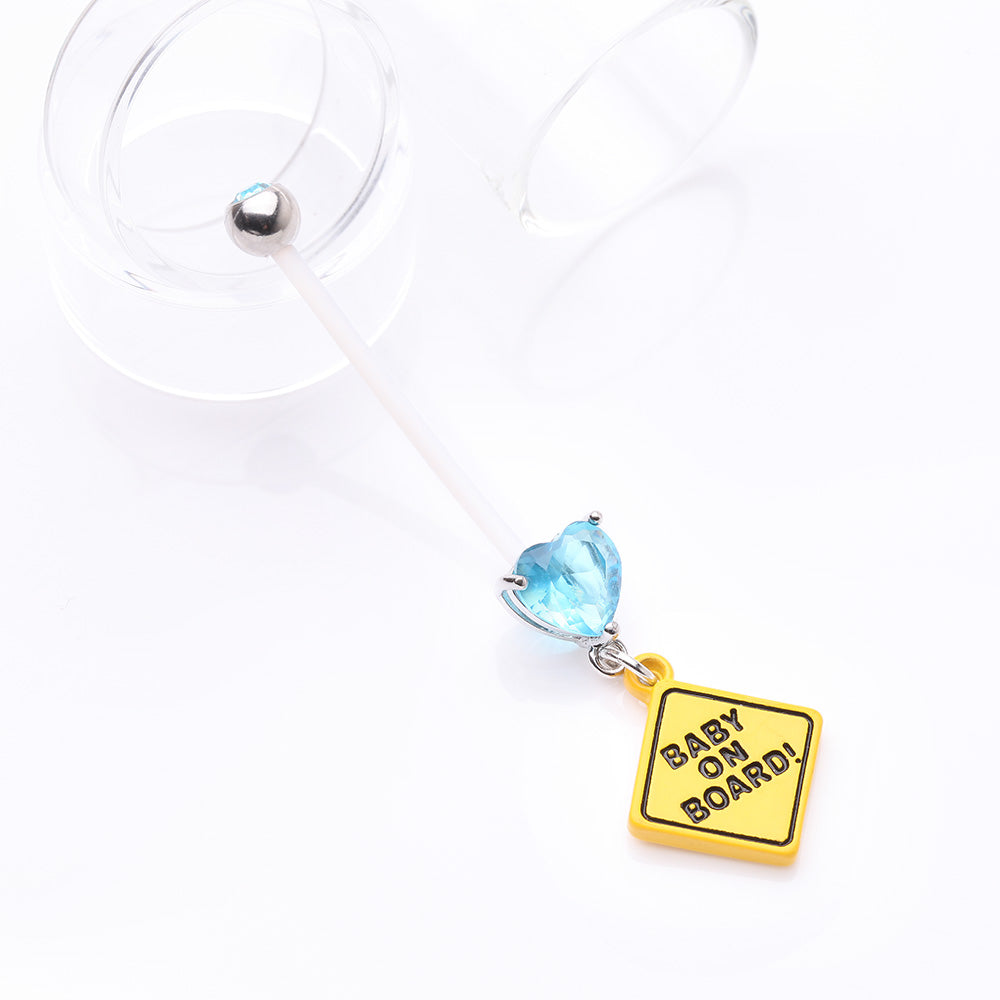Detail View 2 of Heart Gem Sparkle Baby On Board Dangle Bio-Flex Pregnancy Belly Button Ring-Aqua