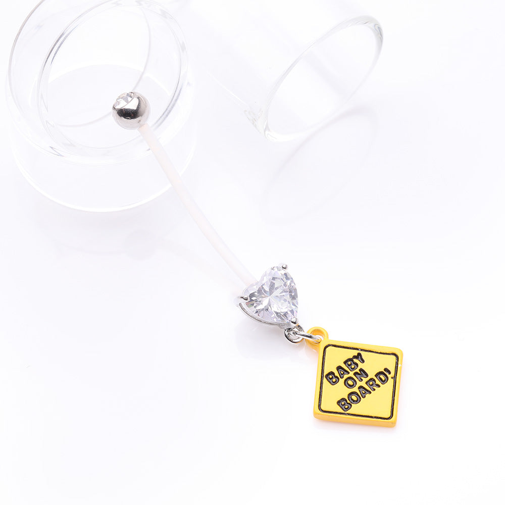 Detail View 2 of Heart Gem Sparkle Baby On Board Dangle Bio-Flex Pregnancy Belly Button Ring-Clear Gem