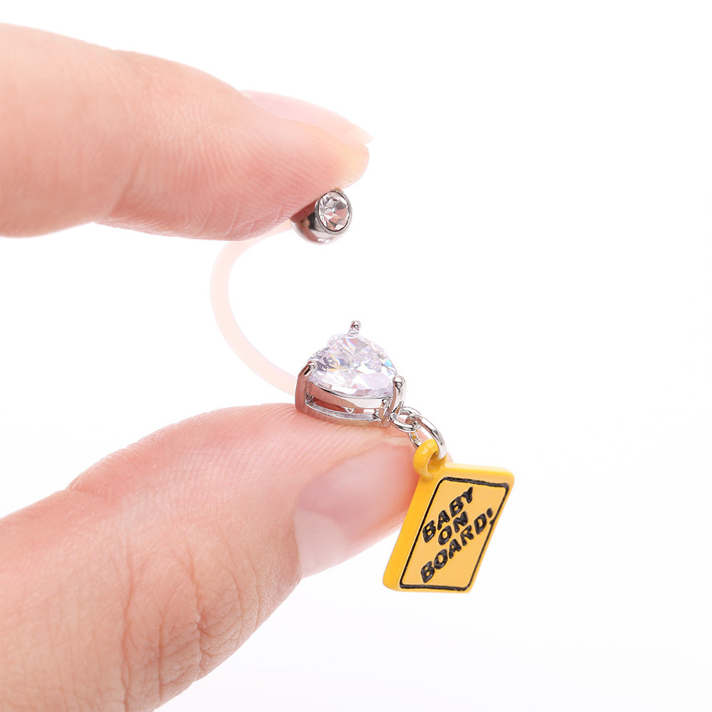 Detail View 3 of Heart Gem Sparkle Baby On Board Dangle Bio-Flex Pregnancy Belly Button Ring-Clear Gem