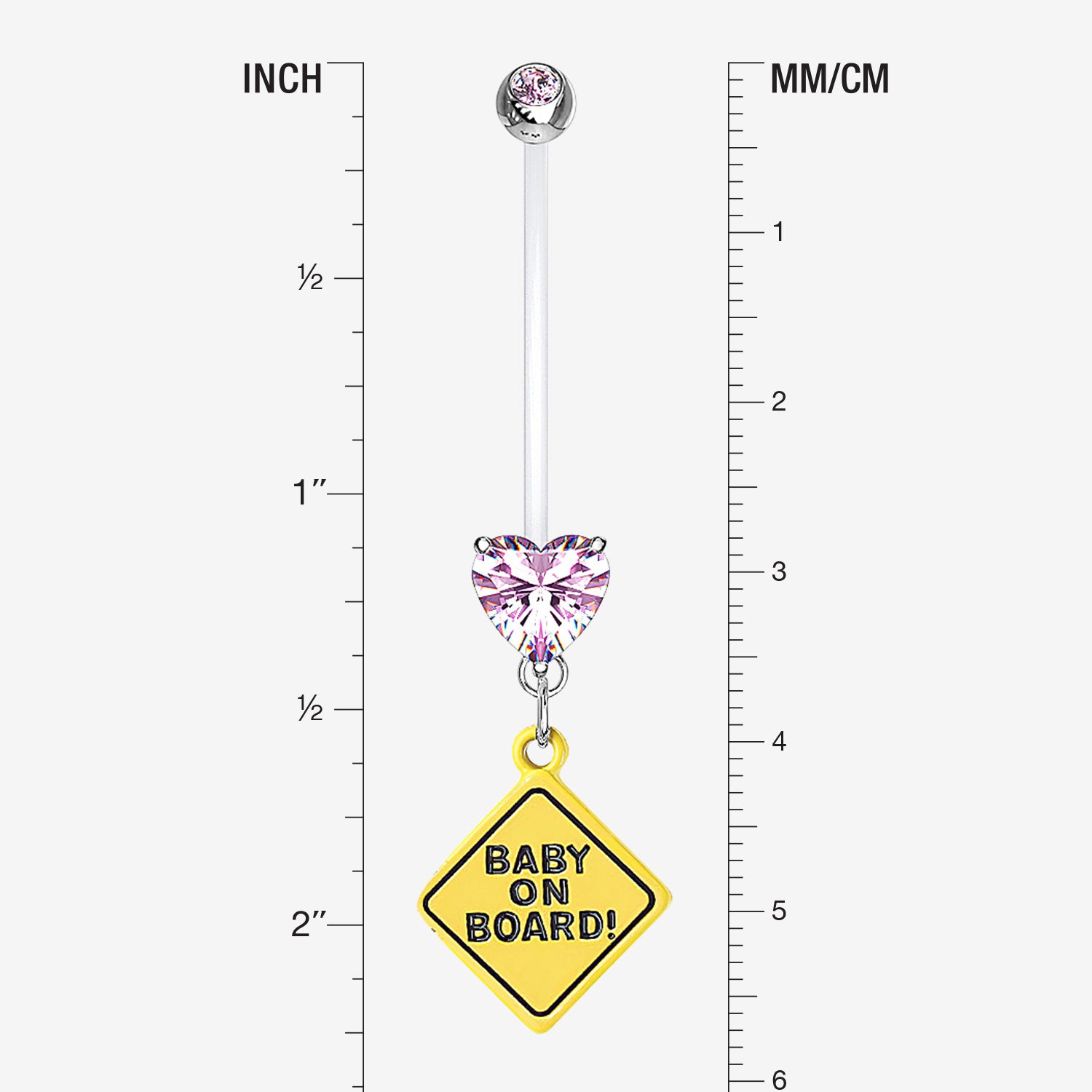 Detail View 1 of Heart Gem Sparkle Baby On Board Dangle Bio-Flex Pregnancy Belly Button Ring-Pink