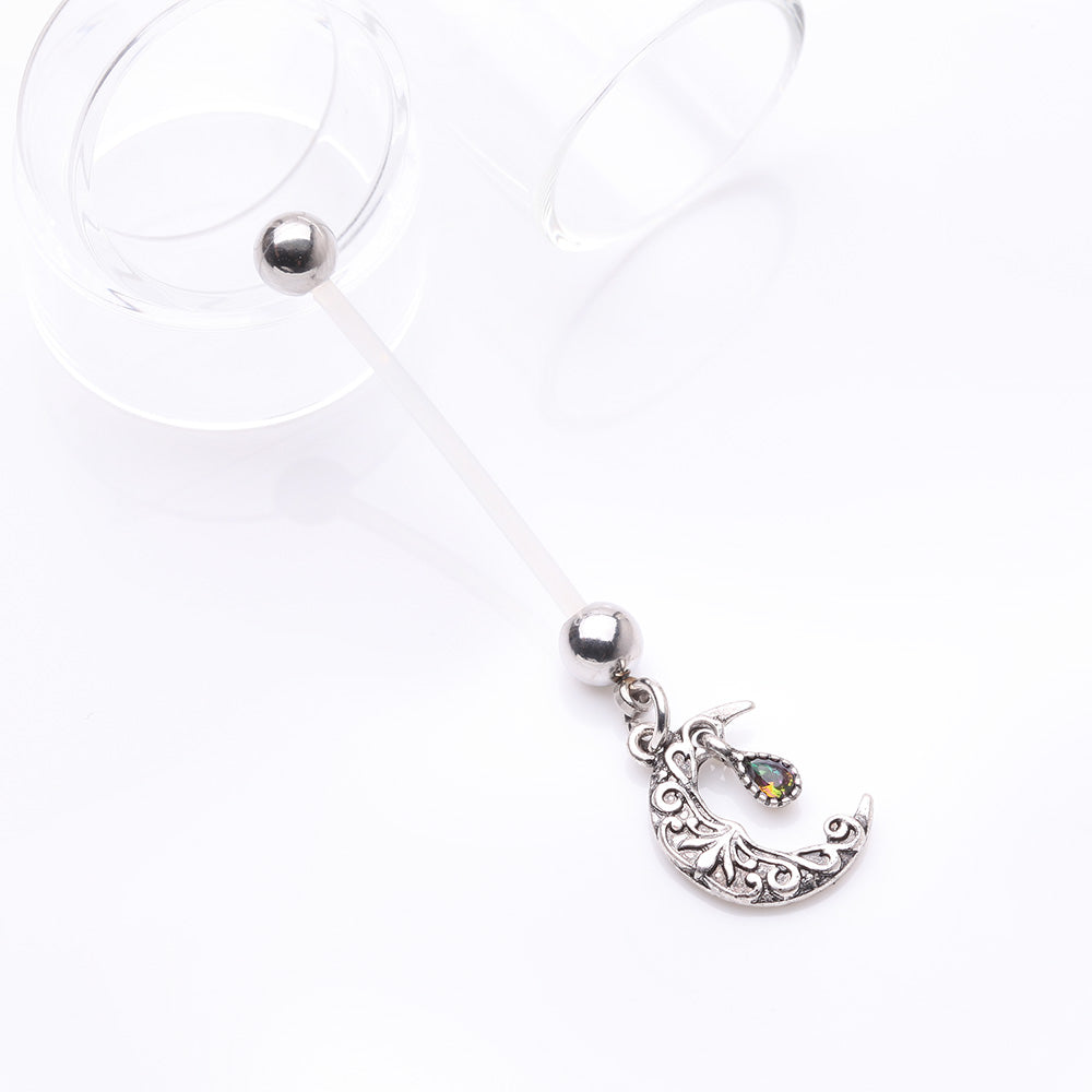 Detail View 2 of Vintage Filigree Crescent Moon Sparkle Dangle Bio-Flex Pregnancy Belly Button Ring