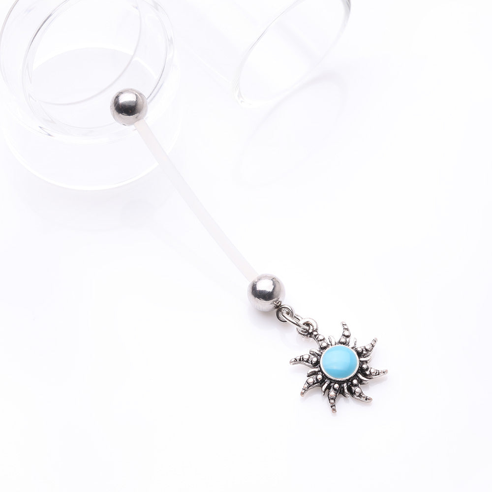 Detail View 2 of Vintage Tribal Turquoise Sun Dangle Bio-Flex Pregnancy Belly Button Ring
