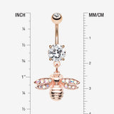 Detail View 1 of Rose Gold Honey Bee Sparkle Dangle Belly Button Ring-Clear Gem