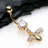 Detail View 2 of Golden Honey Bee Sparkle Dangle Belly Button Ring-Clear Gem