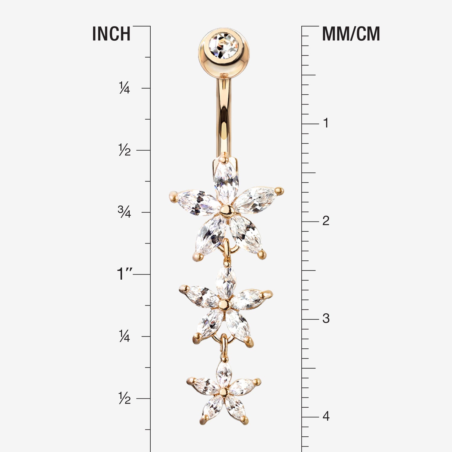 Detail View 1 of Rose Gold Grand Sparkle Triple Marquise Sparkle Belly Button Ring-Clear Gem