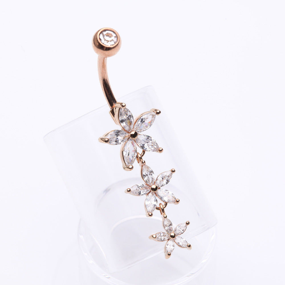 Detail View 2 of Rose Gold Grand Sparkle Triple Marquise Sparkle Belly Button Ring-Clear Gem