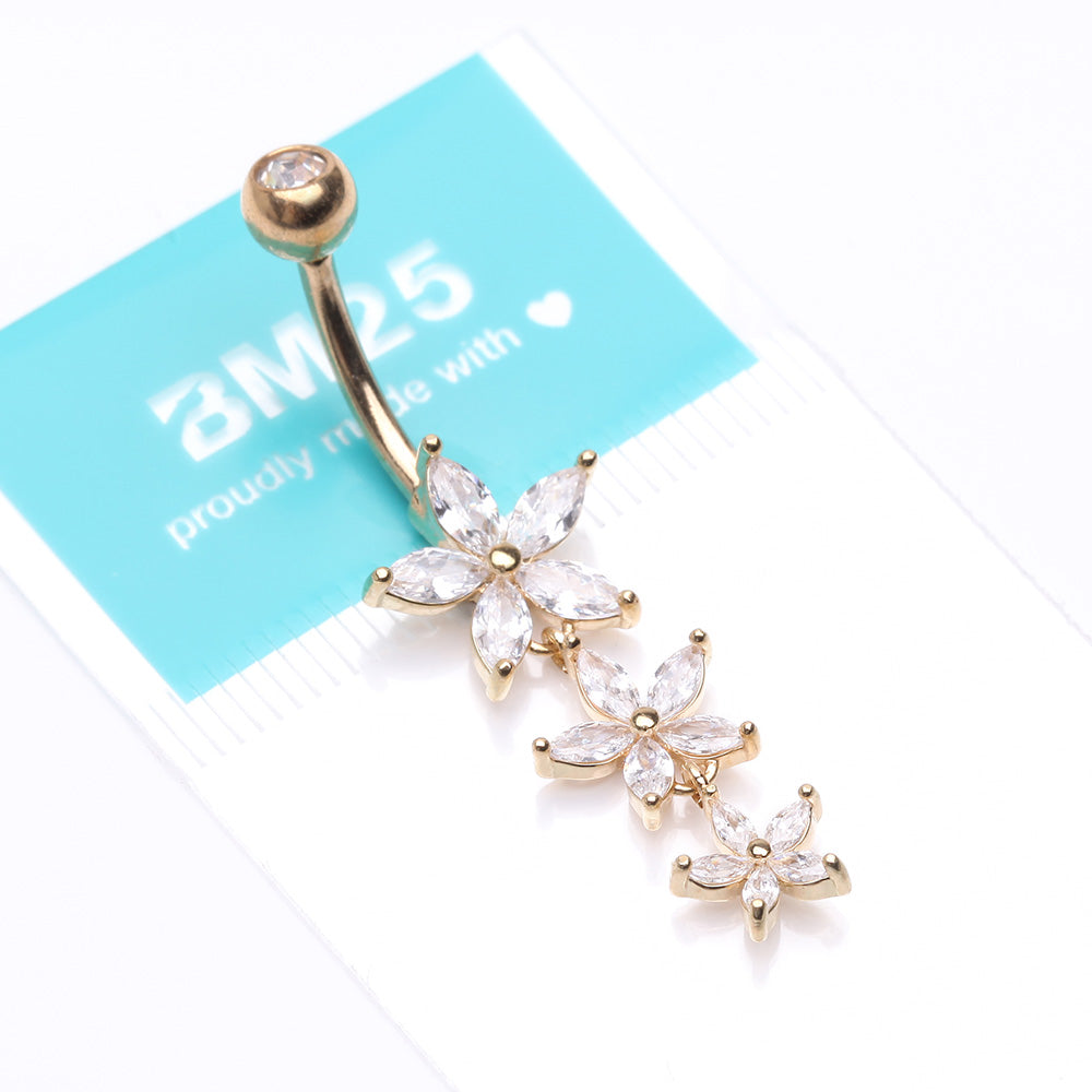 Detail View 4 of Golden Grand Sparkle Triple Marquise Sparkle Belly Button Ring-Clear Gem