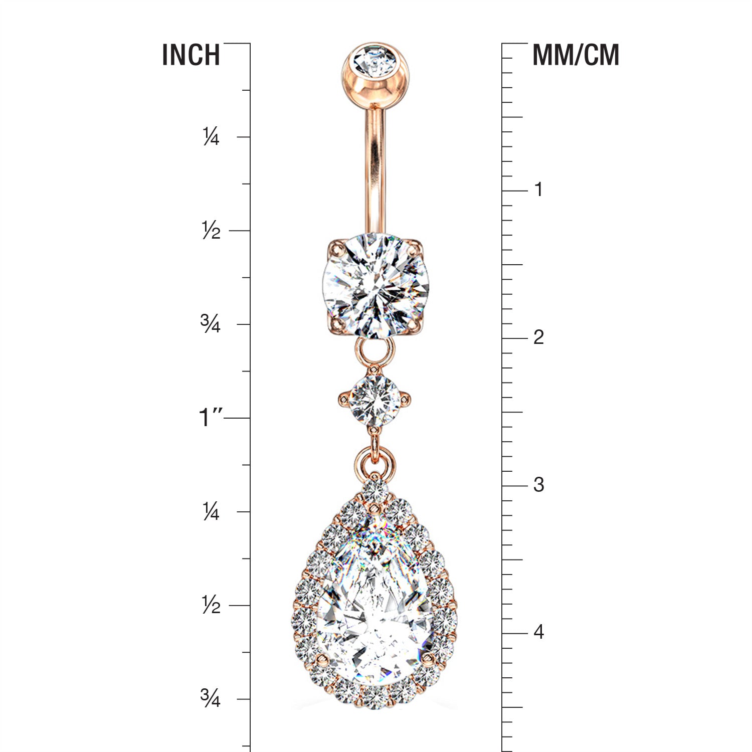 Detail View 1 of Rose Gold Brilliant Teardrop Lux Sparkle Dangle Belly Button Ring-Clear Gem