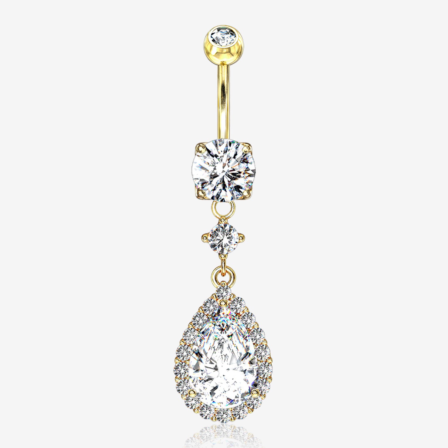 Golden Brilliant Teardrop Lux Sparkle Dangle Belly Button Ring-Clear Gem