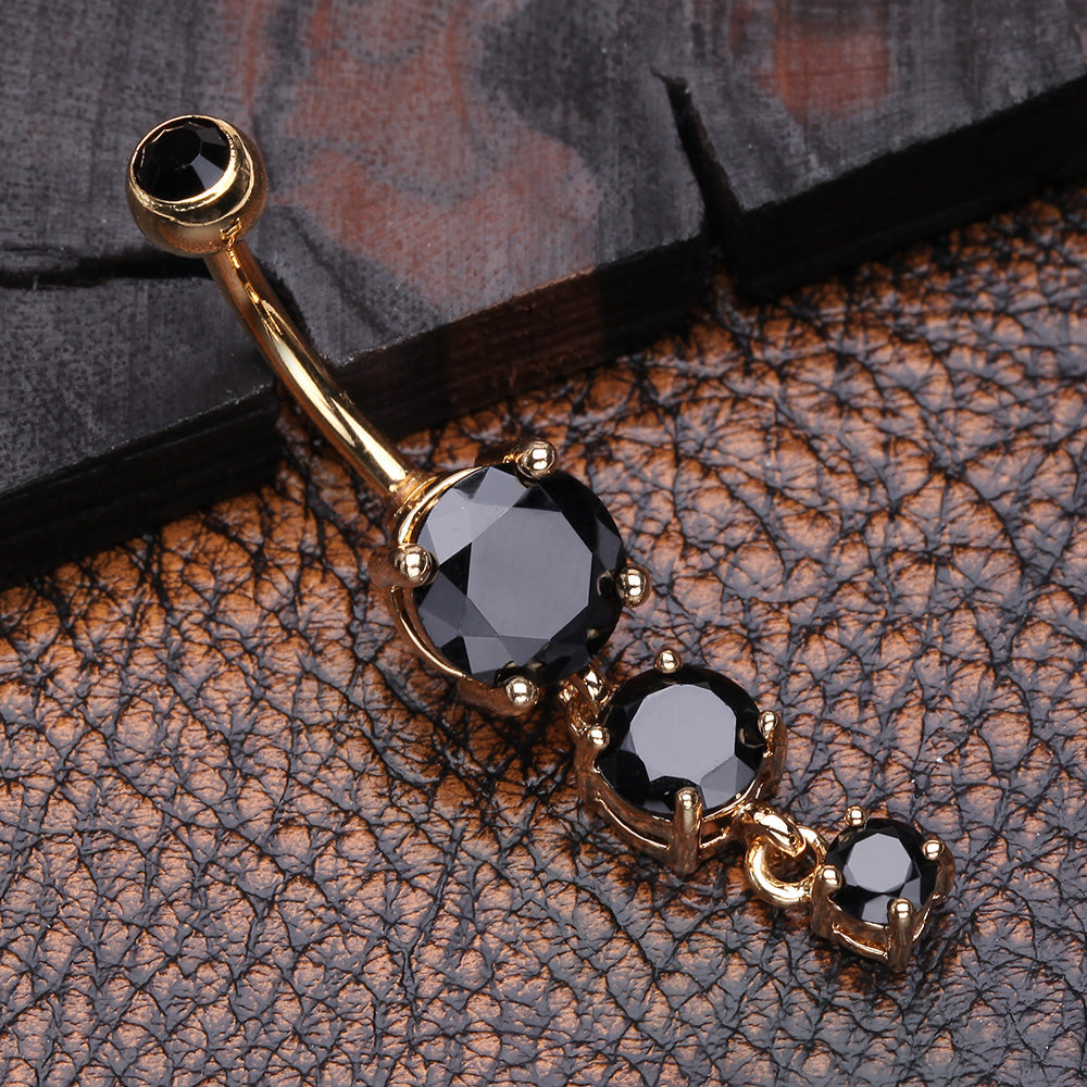 Detail View 2 of Golden Brilliant Gem Cascade Belly Button Ring-Black