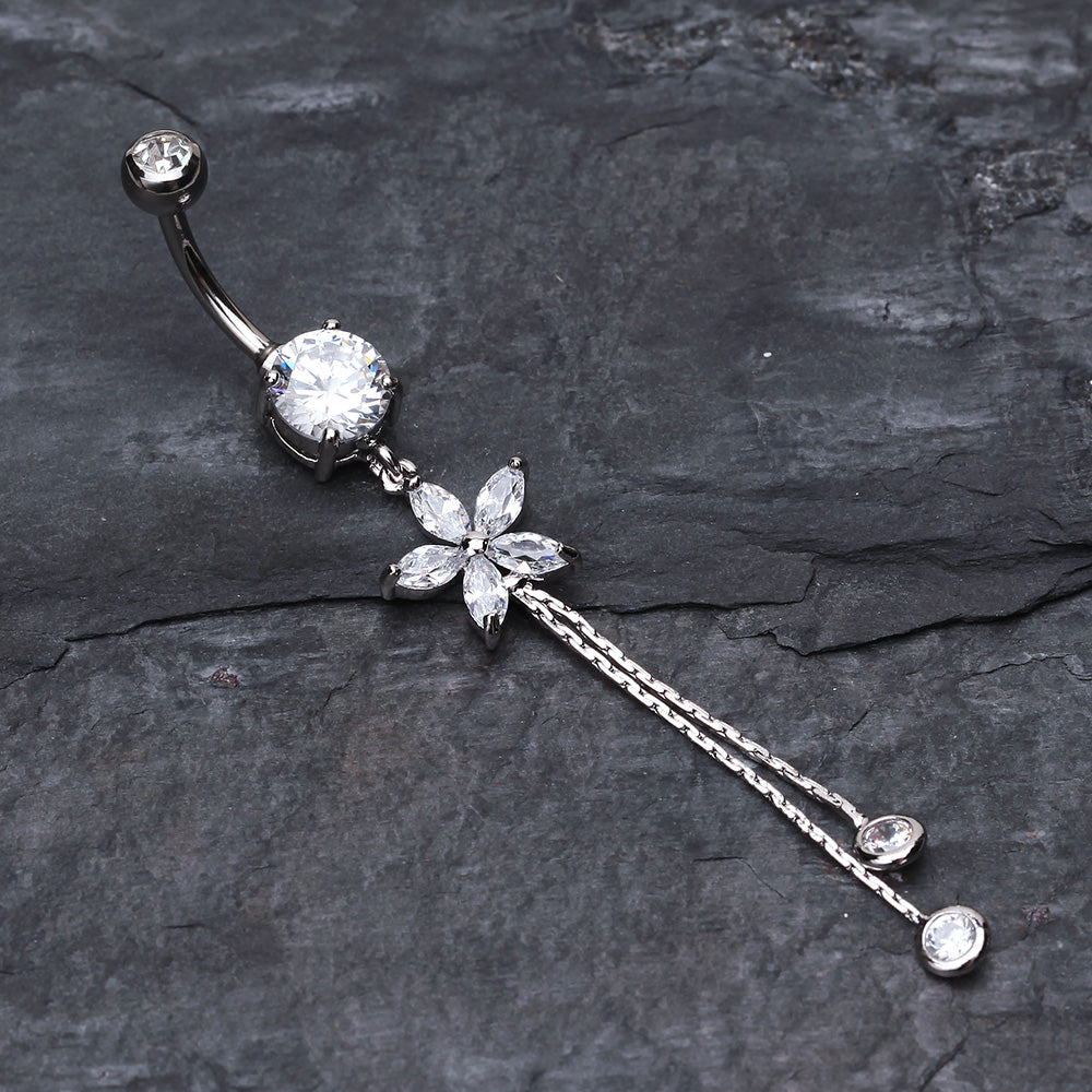 Detail View 2 of Flower Sparkle Belly Button Ring-Clear Gem
