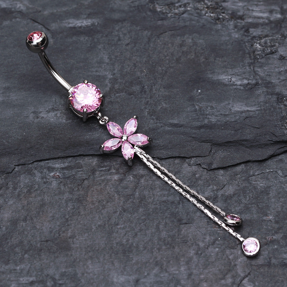 Detail View 2 of Flower Sparkle Belly Button Ring-Pink
