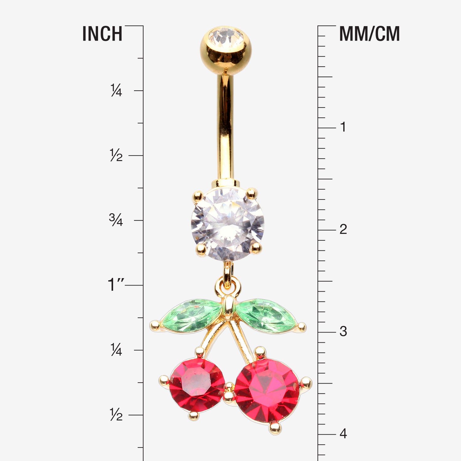 Detail View 1 of Golden Luscious Cherry Sparkle Belly Button Ring-Clear Gem/Red