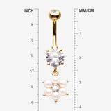 Detail View 1 of Golden Pearlescent Spring Flower Sparkle Dangle Belly Button Ring-Clear Gem/White