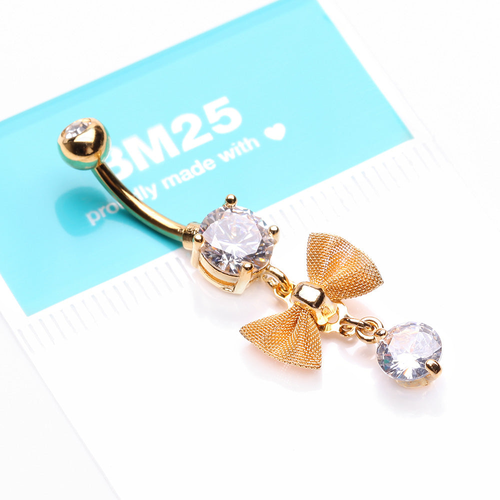 Detail View 3 of Golden Dainty Bow-Tie Prong Gem Sparkle Belly Button Ring-Clear Gem