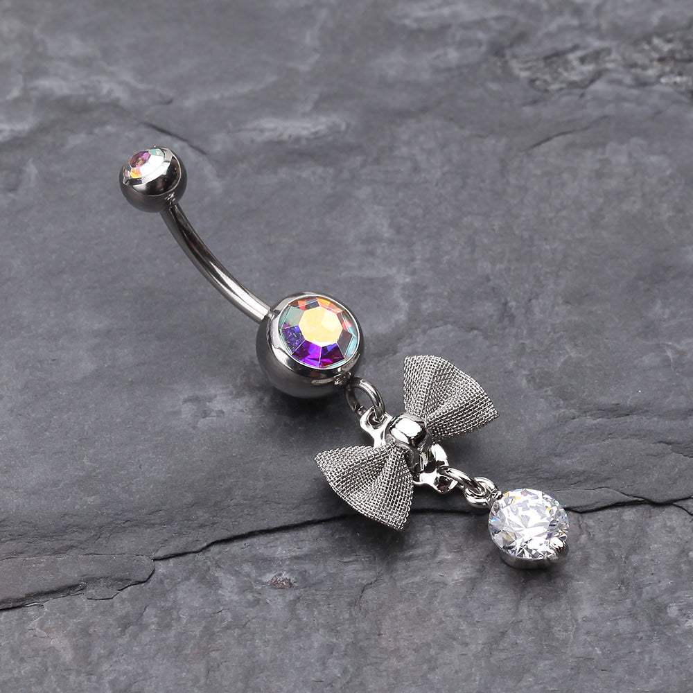 Detail View 2 of Dainty Bow Gem Sparkle Belly Ring-Aurora Borealis