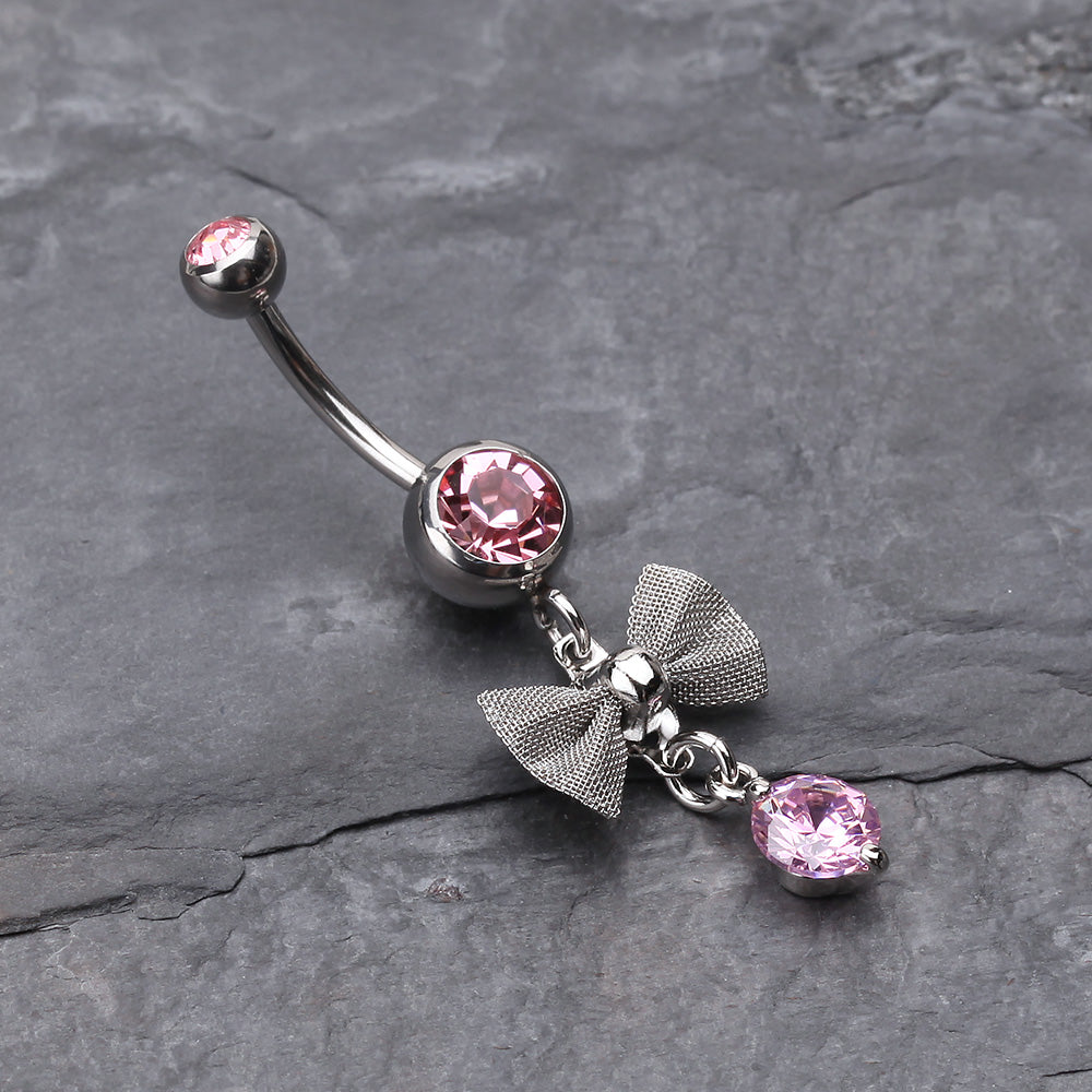 Detail View 2 of Dainty Bow Gem Sparkle Belly Ring-Light Pink