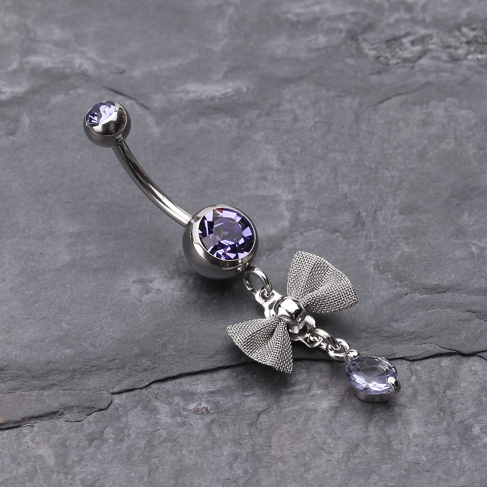 Detail View 2 of Dainty Bow Gem Sparkle Belly Ring-Tanzanite