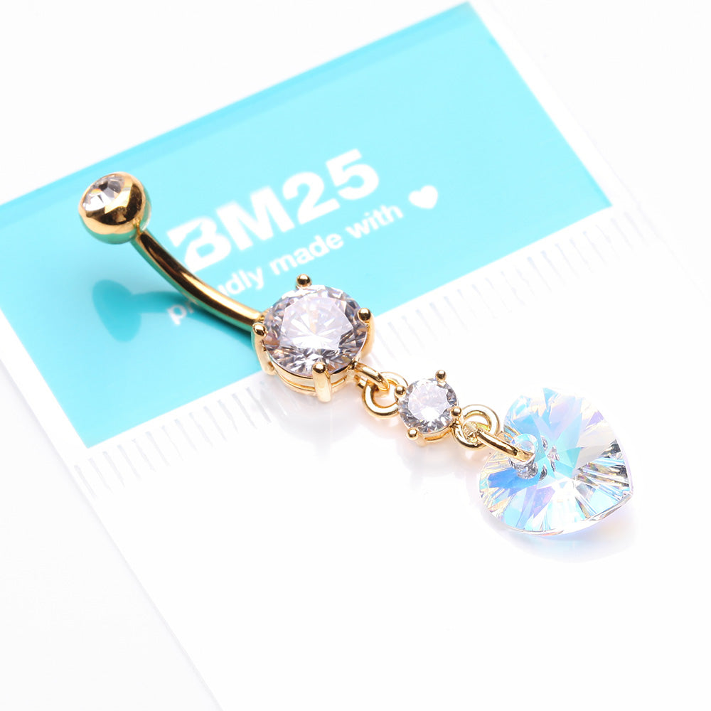 Detail View 3 of Golden Iridescent Sparkle Heart Lumi Belly Button Ring-Clear Gem/Aurora Borealis