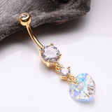 Detail View 2 of Golden Iridescent Sparkle Heart Lumi Belly Button Ring-Clear Gem/Aurora Borealis