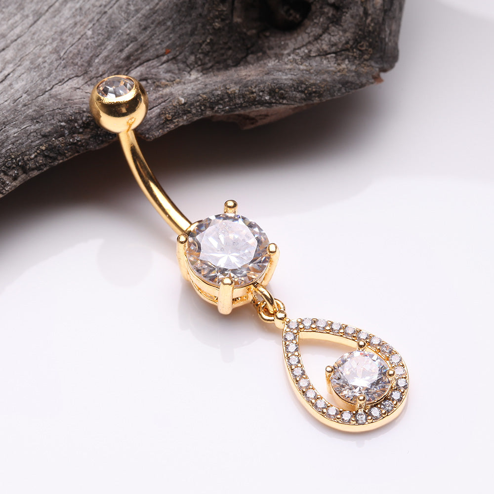 Detail View 2 of Golden Luscious Teardrop Multi-Gem Sparkle Belly Button Ring-Clear Gem
