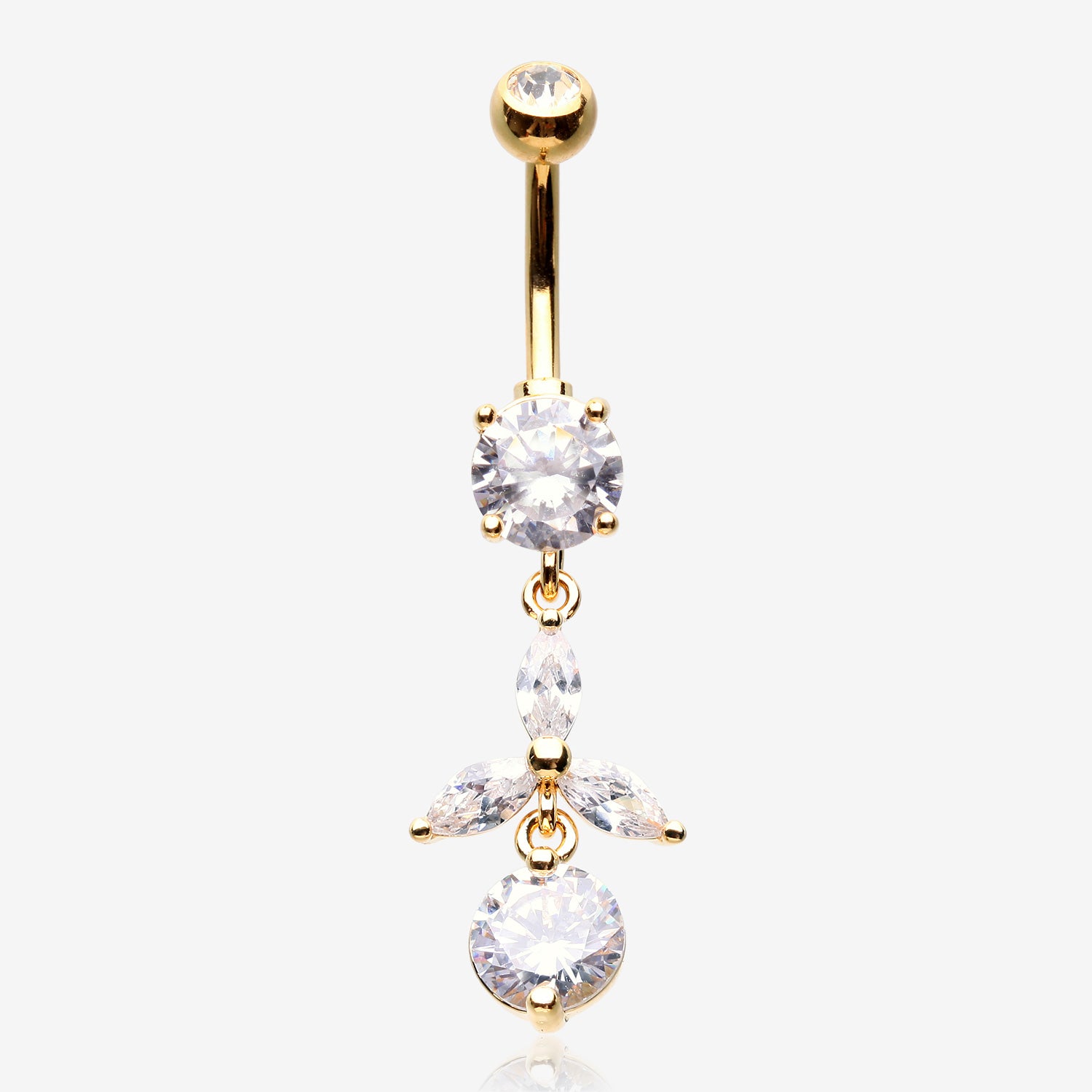 Golden Tri-Marquise Floral Leaf Sparkles Belly Button Ring-Clear Gem