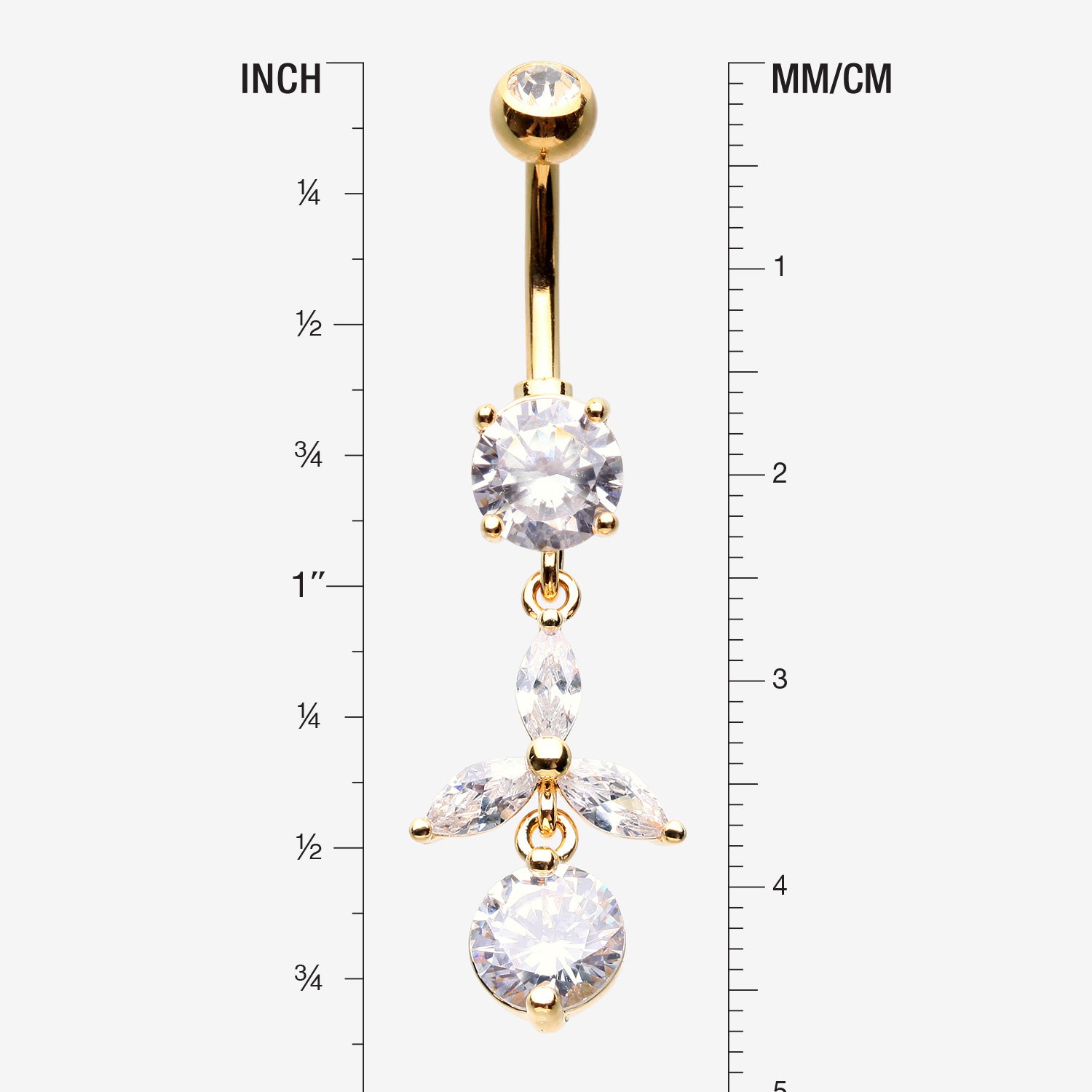 Detail View 1 of Golden Tri-Marquise Floral Leaf Sparkles Belly Button Ring-Clear Gem
