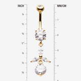 Detail View 1 of Golden Tri-Marquise Floral Leaf Sparkles Belly Button Ring-Clear Gem