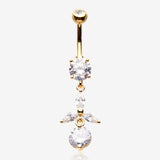 Golden Tri-Marquise Floral Leaf Sparkles Belly Button Ring-Clear Gem