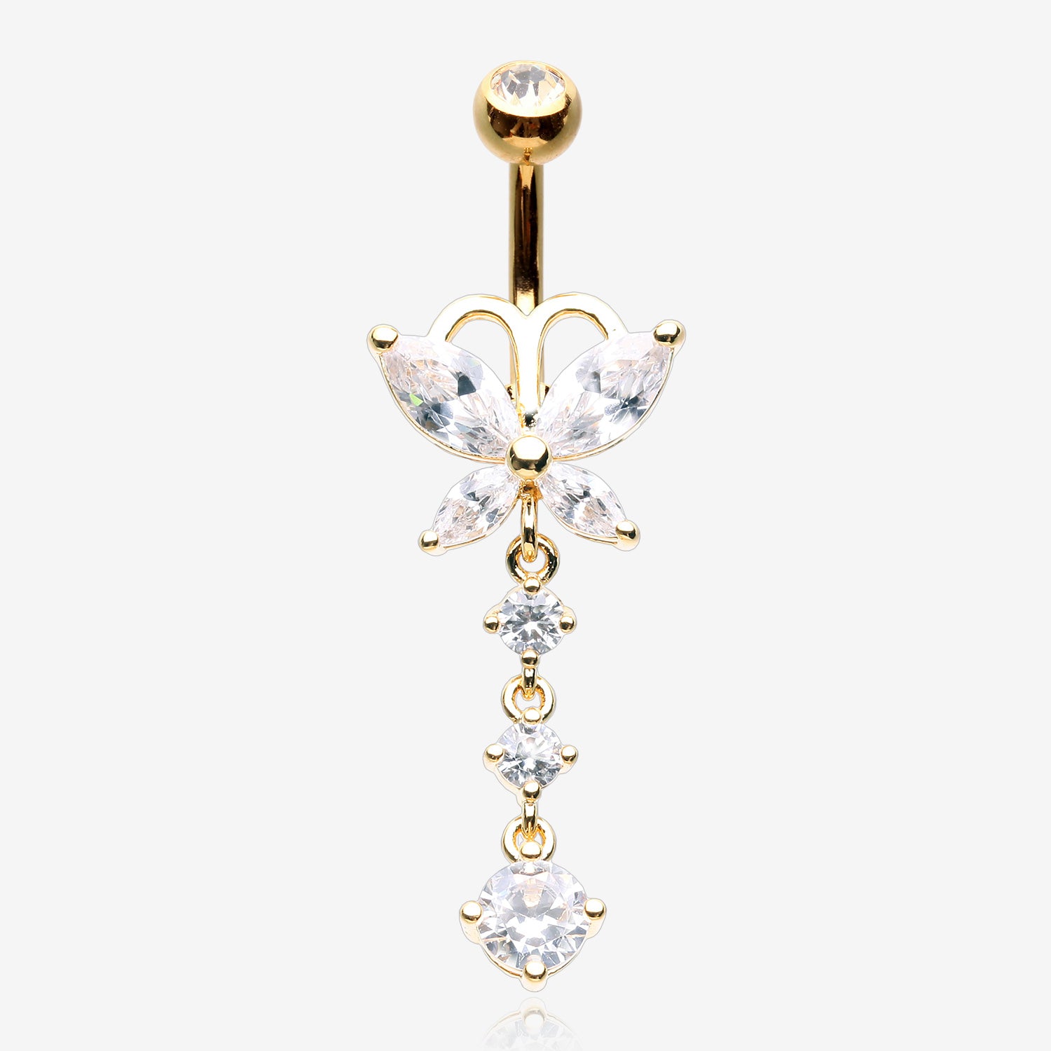 Golden Butterfly Sparkle Cascading Gems Belly Button Ring-Clear Gem