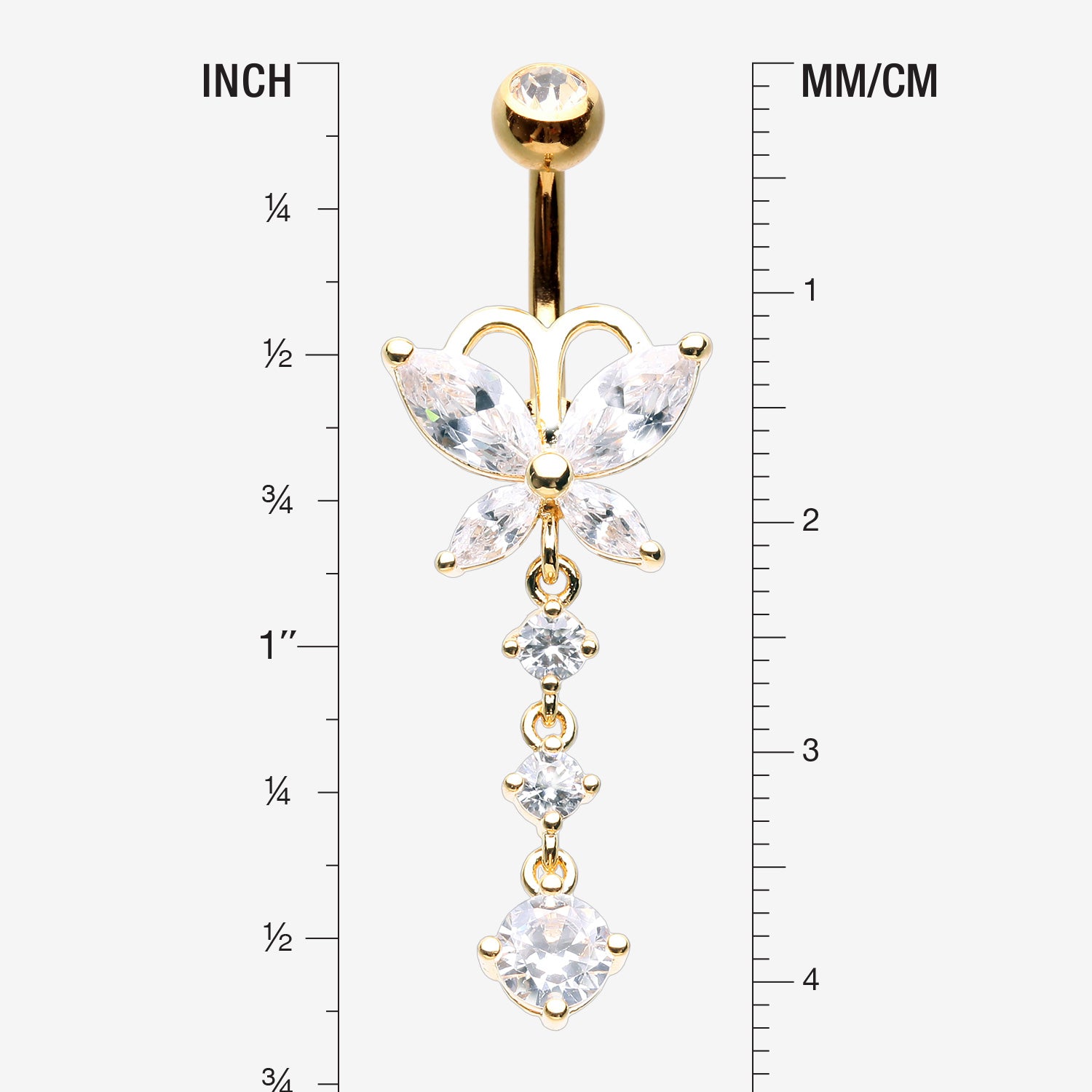Detail View 1 of Golden Butterfly Sparkle Cascading Gems Belly Button Ring-Clear Gem